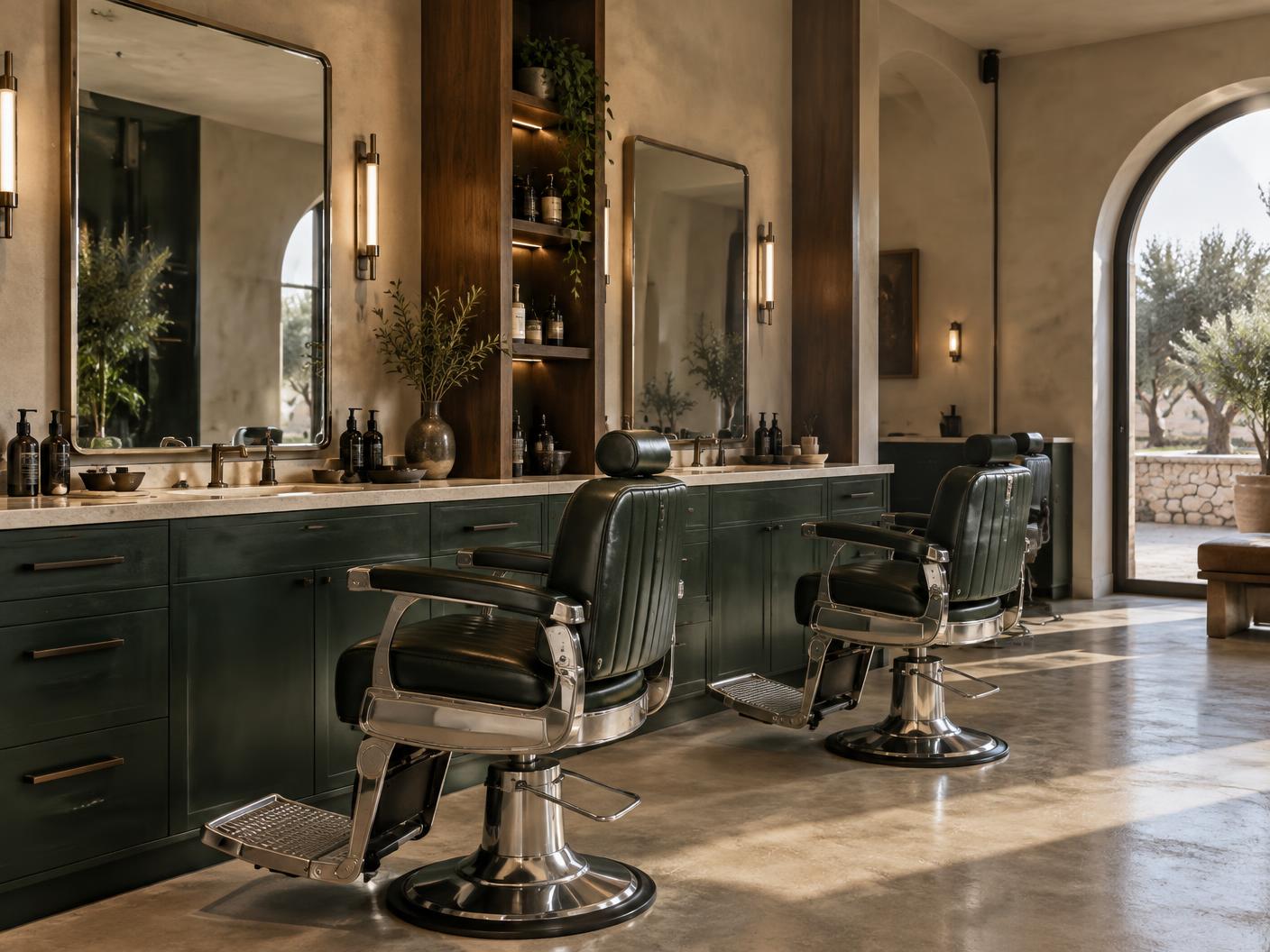 The refined Cyprus green and Sand interior of NOMAD BARBER CO.